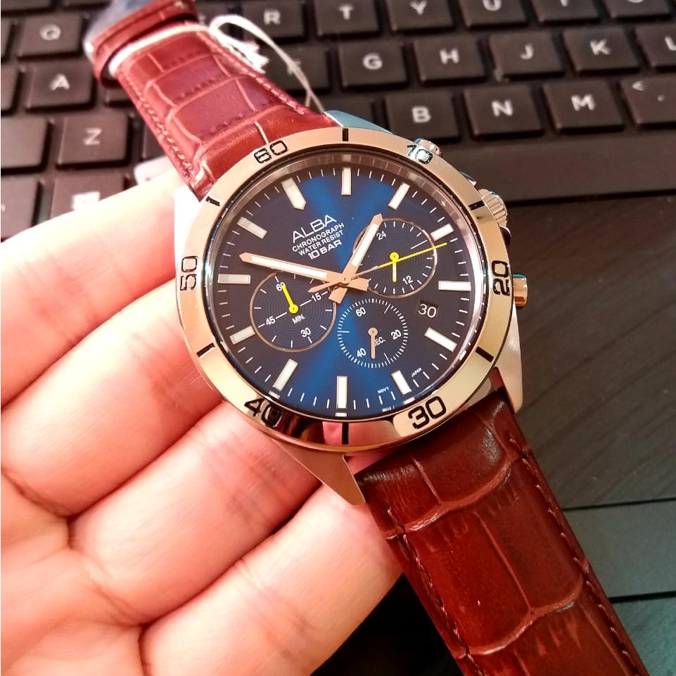 ALBA AT3H31X AT3H31X1 SILVER BLUE BROWN LEATHER JAM PRIA ORIGINAL ORI