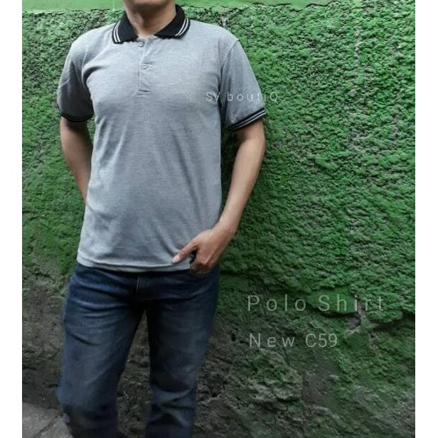 promo!! polo shirt new c59 abu list hitam/polo/bajupolo/lacoste/kaoskerah - abu-abu muda, l terbaru