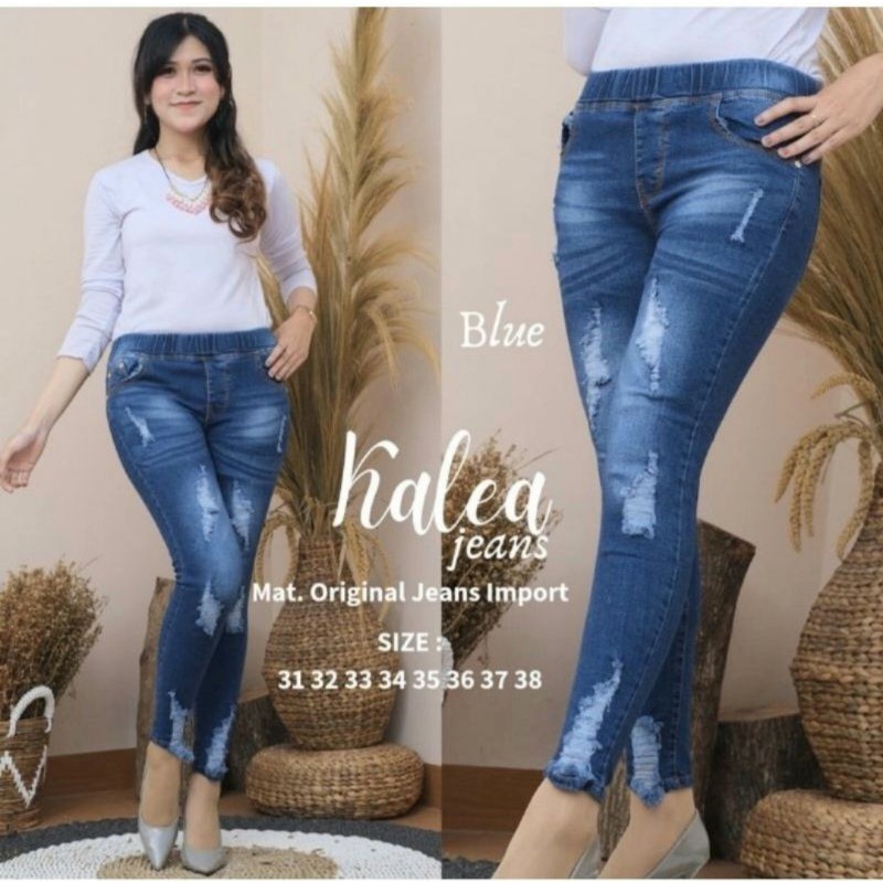 Celana jumbo jeans sobek wanita jegging jeans jumbo pinggang kolor rip