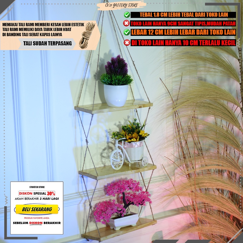 Rak Papan Hiasan Ambalan Gantung Tali Rami Macrame Wall Hanging Dekorasi Dinding Dingding Tembok Kayu Jati Belanda Tempel Tempat penyimpanan Serbaguna Buku Bunga make up Kosmetik Bumbu Dapur Ruang Tamu Kamar Tidur Cowok Minimalis Susun Aesthetic Murah Rg1