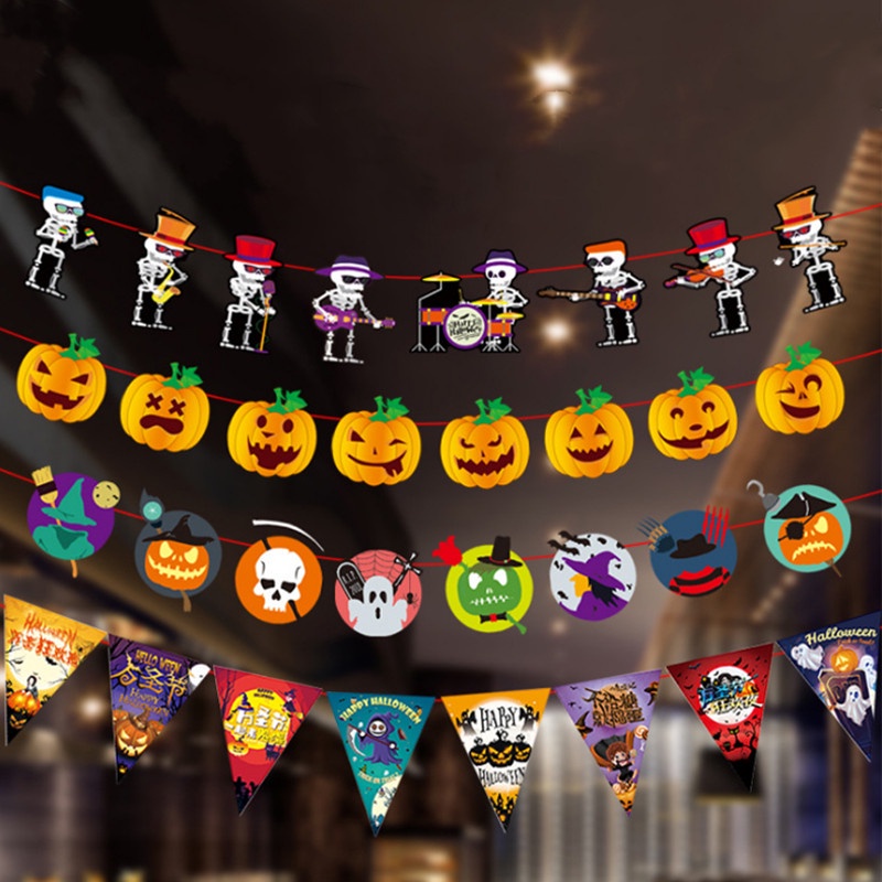 Banner Bunting Flag Desain Boneka Labu Vampire Happy Halloween Bahan Kertas Ukuran 3M Untuk Pesta Natal