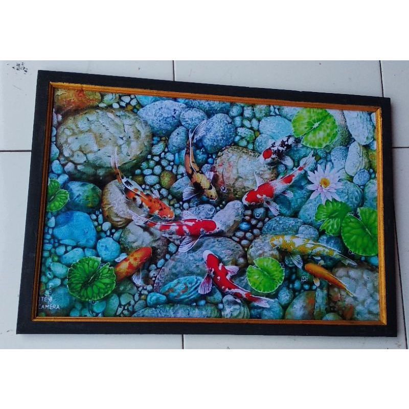 Hiasan dinding lukisan cetak ikan koi indah plus bingkai uk 65×45.