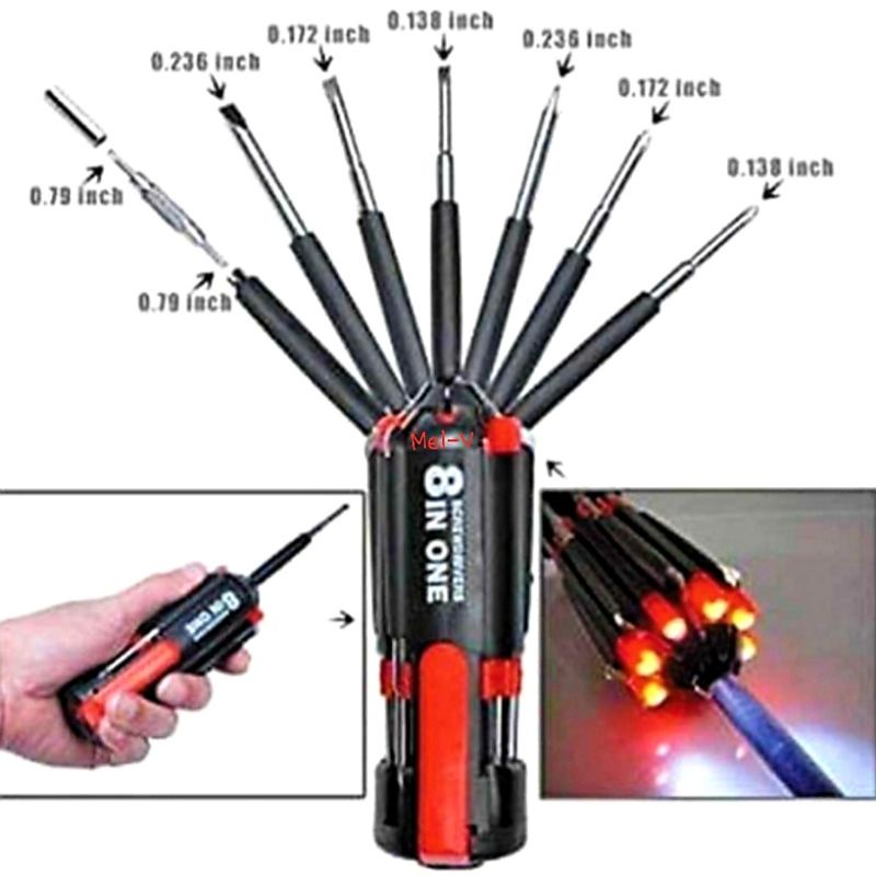 Obeng Senter  Lampu LED 8 in 1 Screwdriver Multifungsi 8in1 /Obeng set lengkap / Set Obeng 8 in 1 Multi Screwdriver Tools Obeng Senter Multifungsi service HP Buka skrup Flashlight