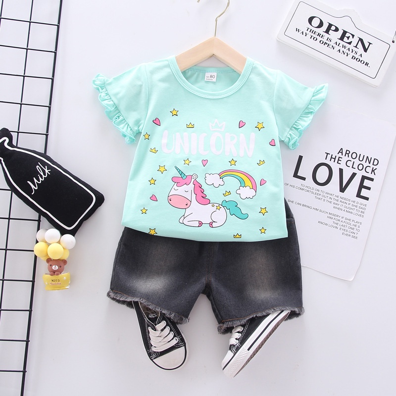 NEW Setelan baju lengan pendek dan celana pendek anak motif unicorn