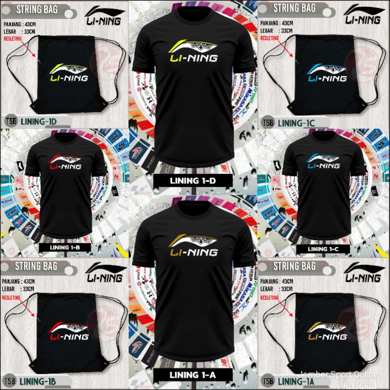 Baju badminton lining kaos distro bulutangkis lining baju katun hitam mens shirt sport wear lining fashion sport wear tas serut badminton string bag tas sepatu lining tas tali murah badminton string bag lining murah tas pria