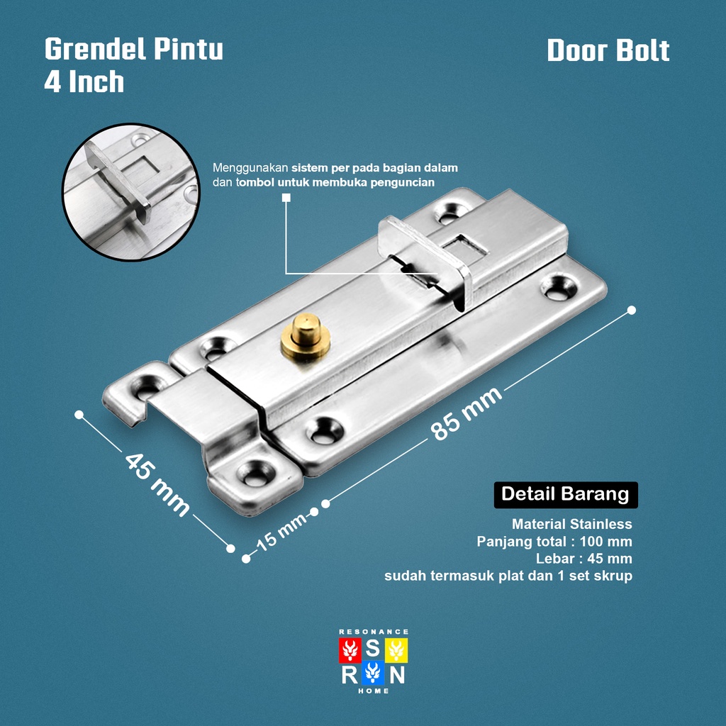 Slot Pintu Pencet Otomatis 4 Inci Stainless / Grendel Kunci Pintu Resonance Home