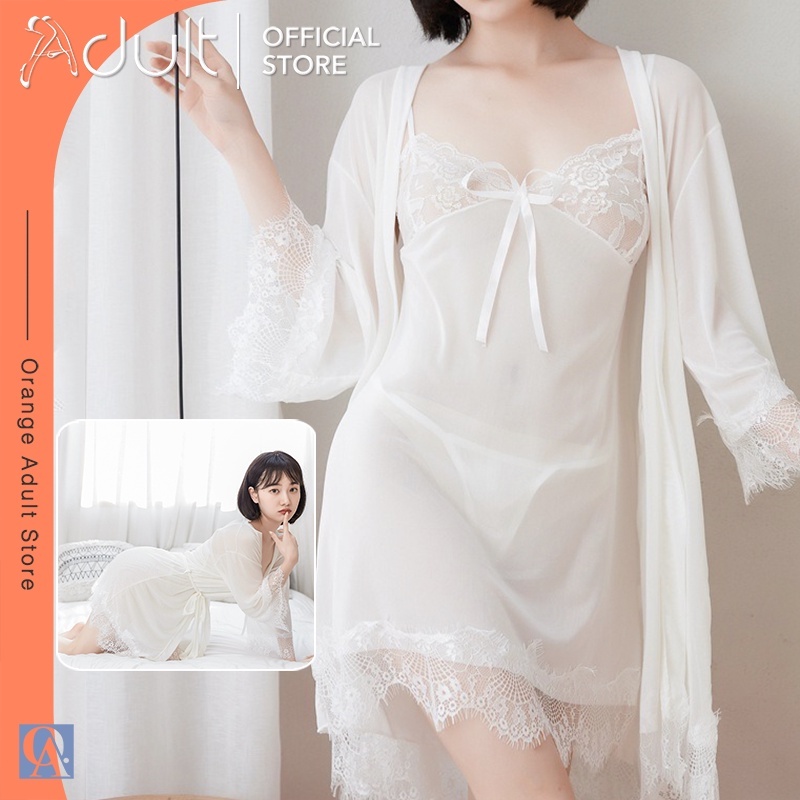 ORANGE ADULT Lingerie Seksi Baju Tidur Lace Seksi Lingerie Sexy Gaun Malam Seksi Lapisan Luar + Dalam - Putih1281