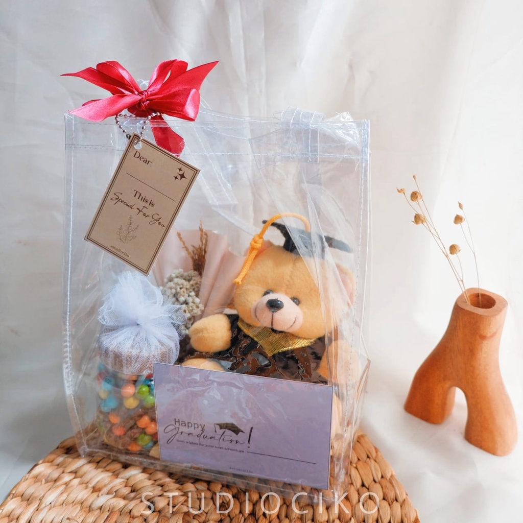 Hampers Kado Ulang Tahun Cewek Wisuda Sidang Sempro / Gift Box Birthday Graduation Anniversary / Kado Ulang Tahun Cewek / Kado Unik / Hampers Natal Tote Bag Transparan by Studiociko