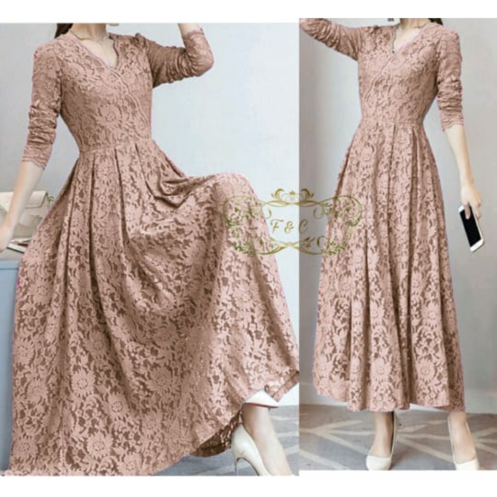 2 UKURAN L XL DRESS PESTA CASSIE FASHION PAKAIAN WANITA GAMIS MAXY BAHAN BRUKAT FEHM