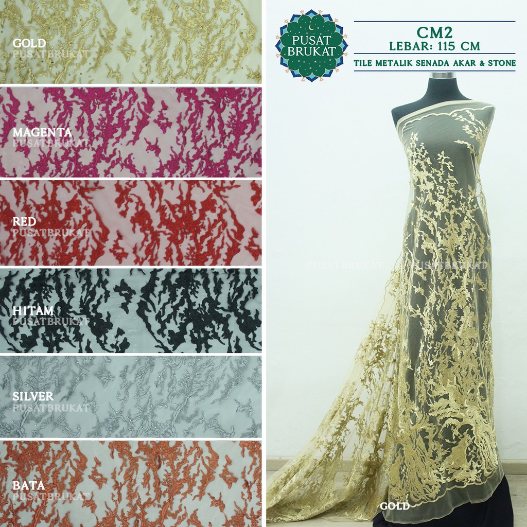 KAIN BRUKAT TILE AKAR / KAIN BROKAT TULLE SEMI PRANCIS METALIK AKAR &amp; STONE - CM2 -  [harga per 0.5m