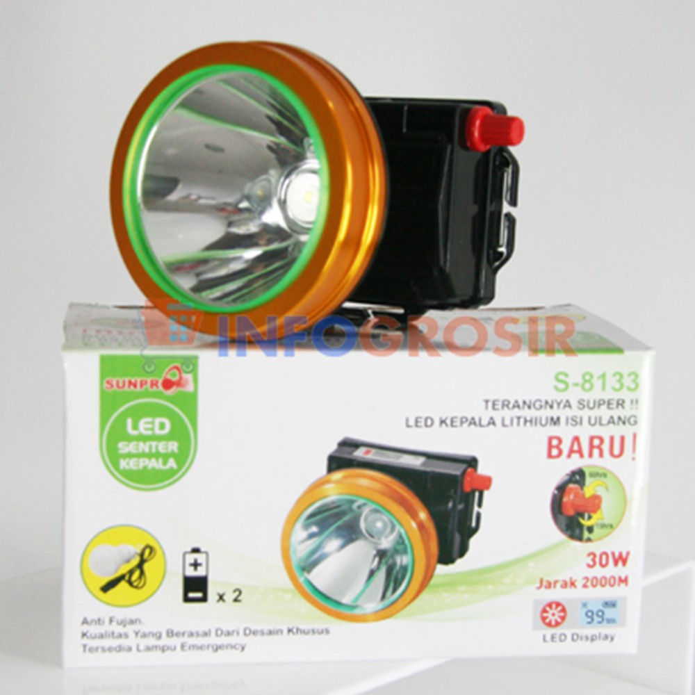 Senter Kepala Headlamp Sunpro SL 8813 Kuning 10 Watt Charger bonus Lampu