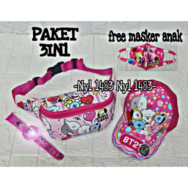 PAKET HEMAT 3IN1 TAS SELEMPANG WAISTBAG ANAK BT21 FREE TOPI ANAK KARAKTER DAN JAM TANGAN