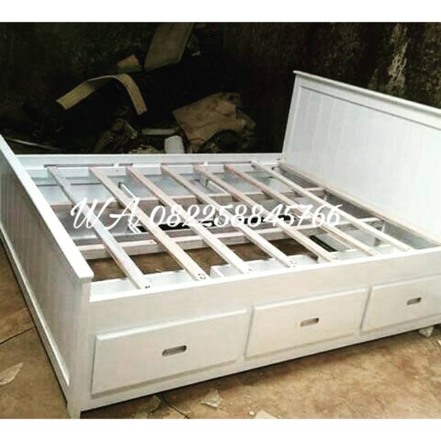 Tempat Tidur Kayu Jati, Ranjang Dipan Divan Dewasa Warna Putih Duco, Tempat Tidur+Laci