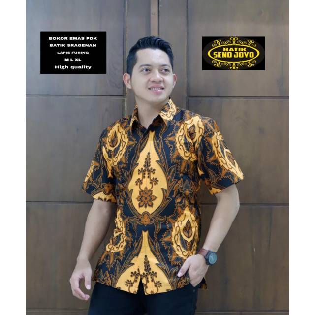 Batik Solo BOKOR EMAS Pendek Kemeja Pria Katun Halus Sragenan Full Furing