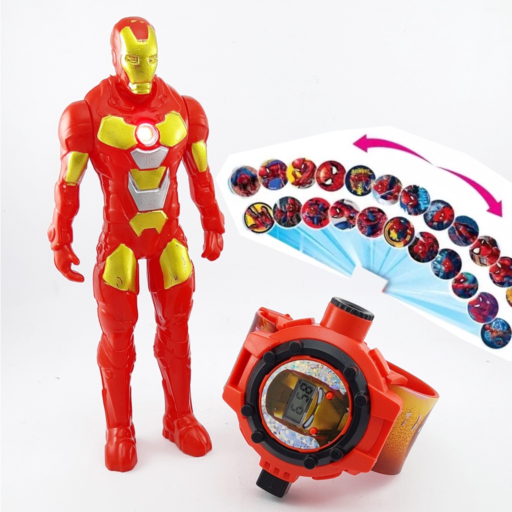 JAM TANGAN ANAK LAKI LAKI IRON MAN LAMPU PROYEKTOR 1 SET DENGAN MAINAN