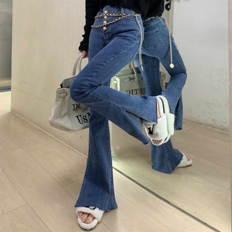 Suhao slit jeans celana melebar pinggang tinggi celana melebar kaki lebar