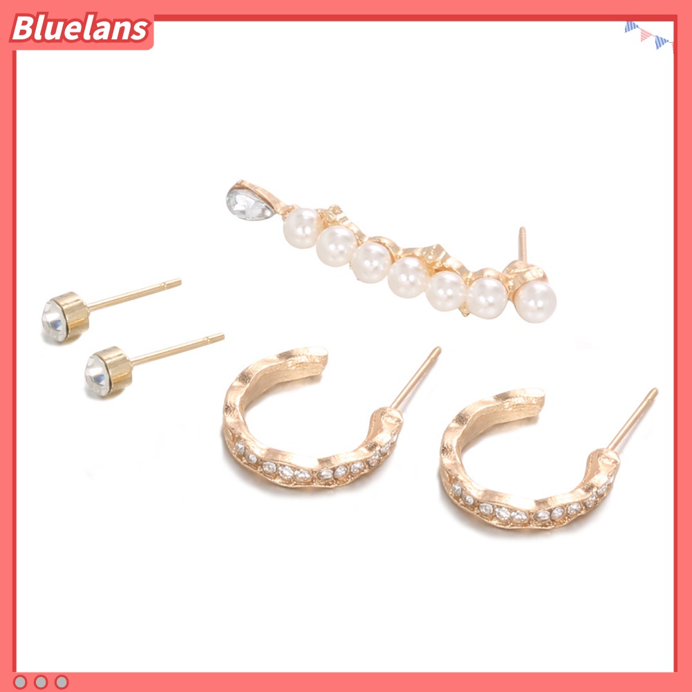 5 Pcs Anting Stud Geometris Aksen Mutiara Berlian Imitasi Untuk Wanita