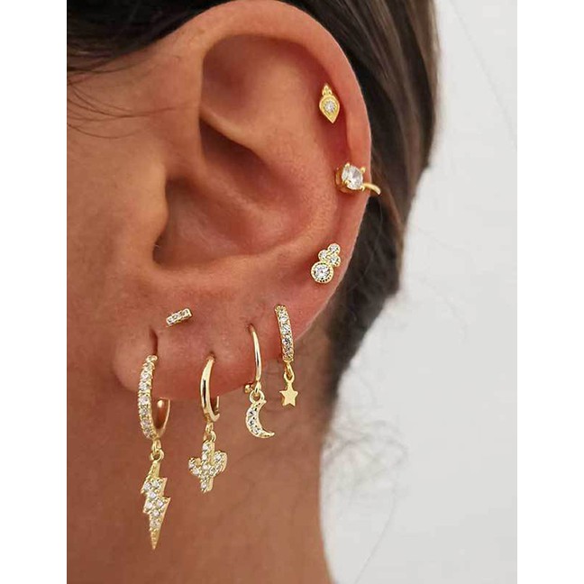 LRC Anting Tusuk Fashion Golden Lightning Diamond Star Moon Stud Earrings Set D63515