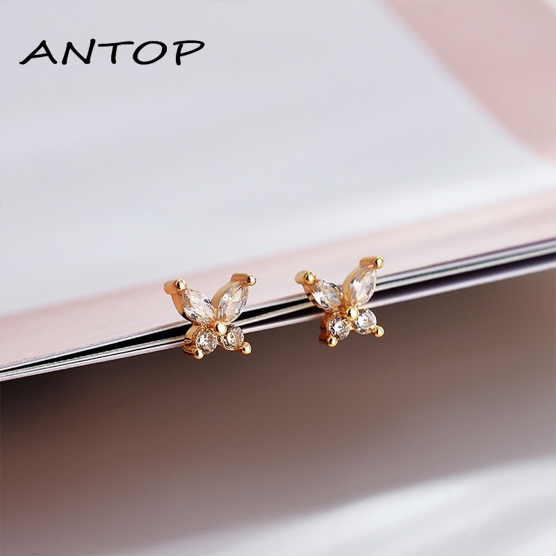 Korea Fashion Micro-Inlaid Zircon Kupu-kupu Anting-Anting Emas Sederhana Temperamen Anting Aksesoris Wanita ANTOP