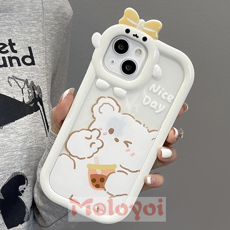 Soft Case TPU Motif Kartun Beruang Putih 3D Untuk iPhone 7 8 14 Plus 6 6S XR 14 11 13 12 Pro Max X XS Max SE 2020 14Pro Max