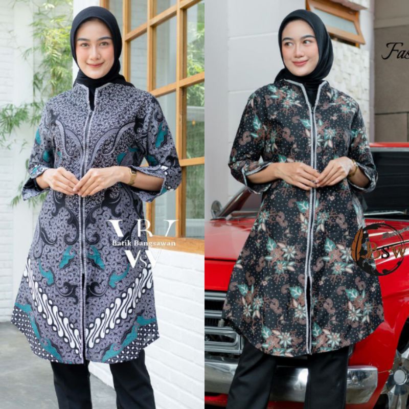 XC BLOUSE BATIK WANITA STRIPY FRESIA H8928Q Ruffle SERAGAM BATIK KANTOR WANITA - ATASAN BATIK WANITA