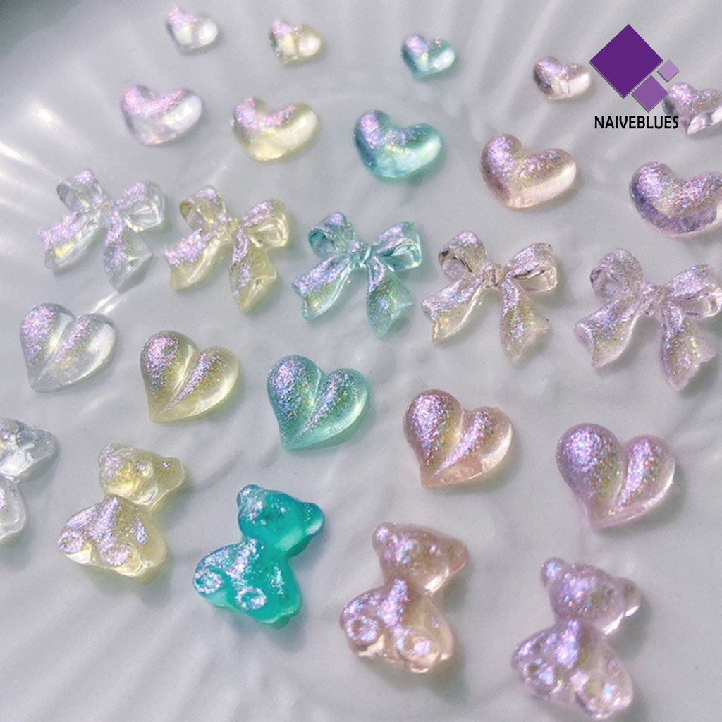 Naiveblue 50Pcs / Pak Hiasan Kuku Bentuk Hati / Pita / Beruang Bahan Resin Untuk Aksesoris Nail Art Charms