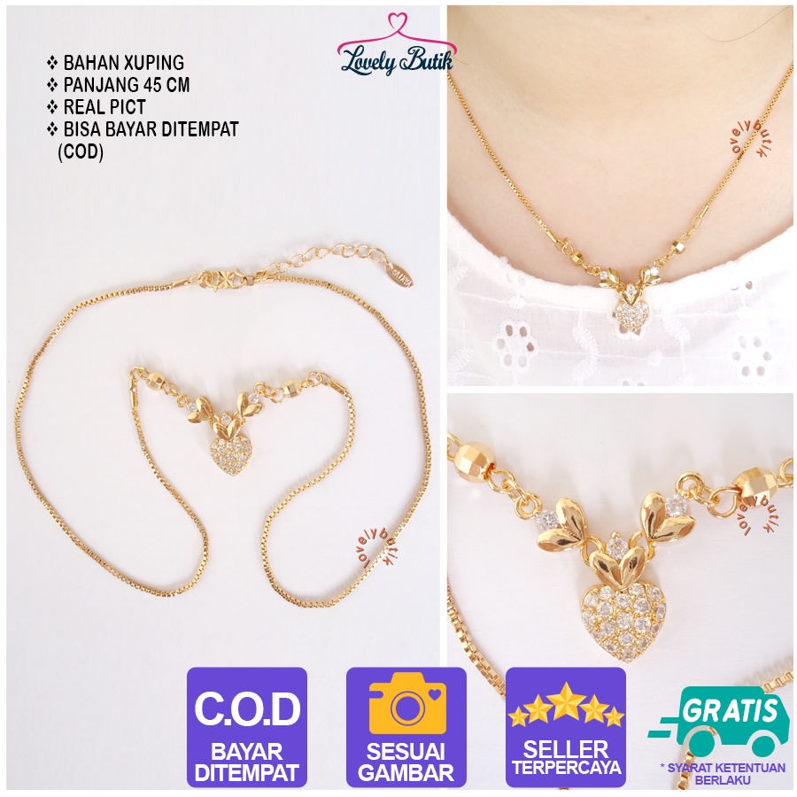 Lovelybutik - Kalung Xuping  Wanita Terbaru  Lapis Emas Lovenk4 Kalung Xuping Dewasa Cantik Model Koye Love Permata Ukuran 45 Cm Warna [Emas]