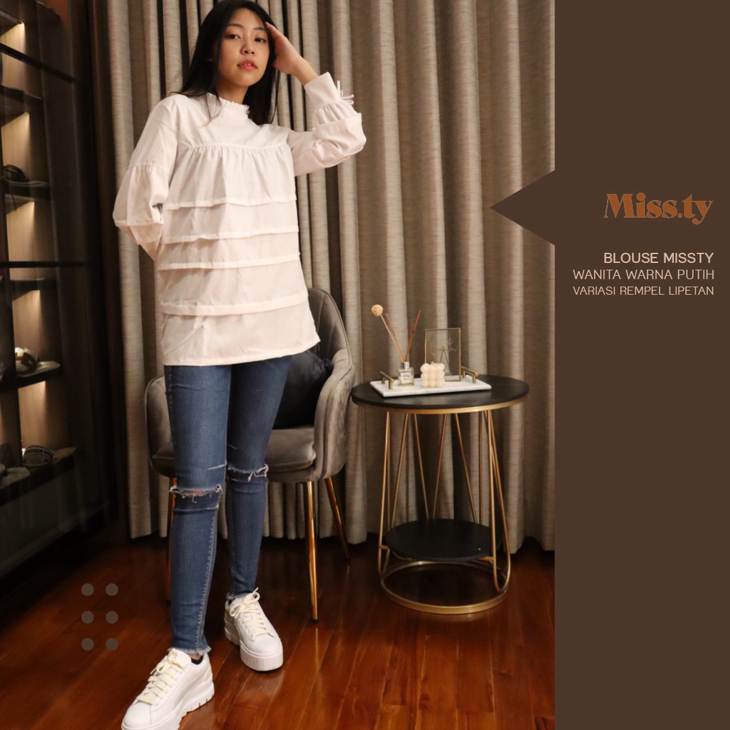 Blouse Missty Wanita Warna Putih Variasi Rempel Lipetan (36555)