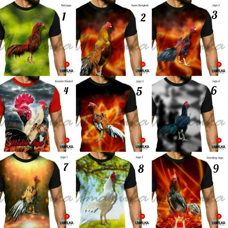 Kaos/tshirt 3D umakuka ayam jago petarung Bangkok putih merah keren, lucu, unik, terbaru terlaris te