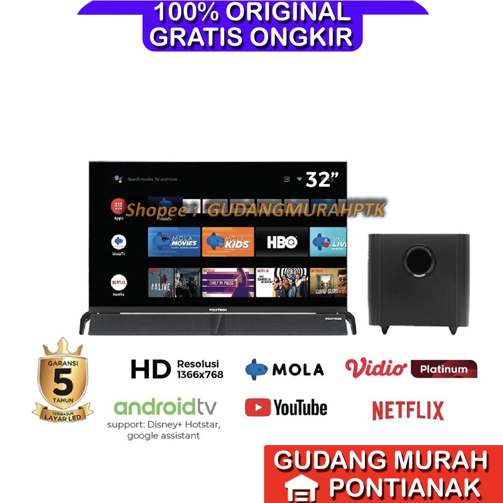 TV POLYTRON SMART ANDROID 32 SOUND BAR Speaker Terpisah Tower SUBWOOFER  extra bass PLD 32BAG9953  inch LED DIGITAL Televisi FRAMELESS 32&quot;  CINEMAX SOUNDBAR MOLA TV NETFLIX GARANSI 5 TAHUN