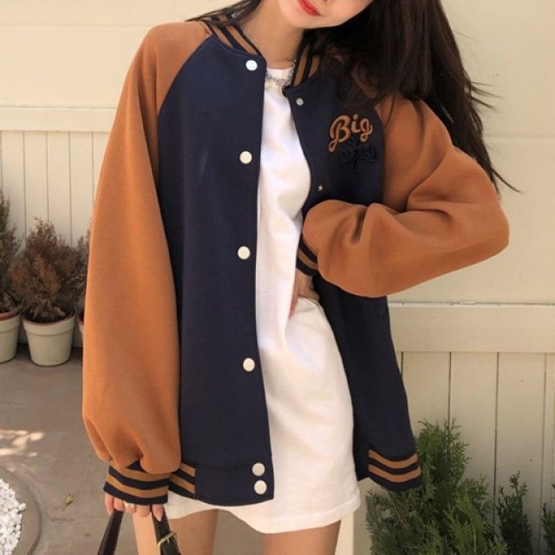 BIG SAY Jaket Baseball Varsity Wanita Oversize- Jaket Bomber Wanita Jumbo bahan Fleece Korean style terbaru