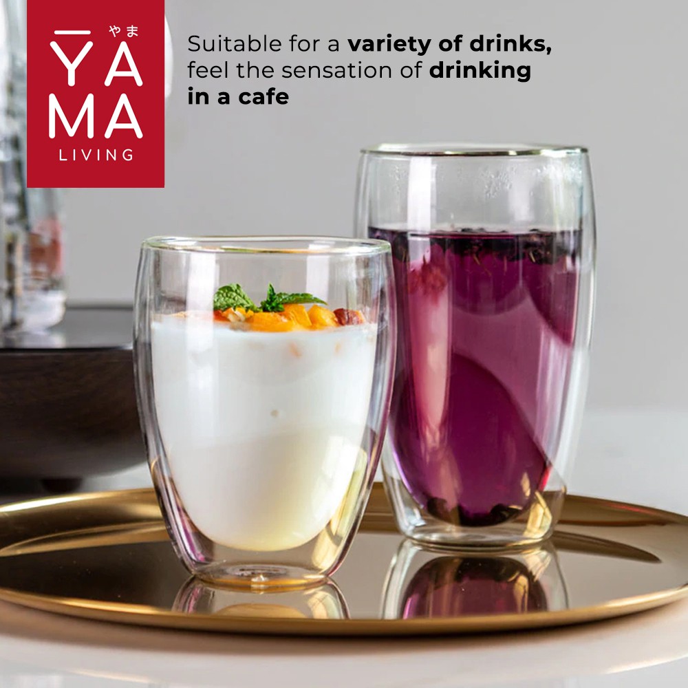 YAMA SIZHU Double Wall Glass Gelas Kaca Cafe Tinggi Anti Panas  Borosilicate 450 ml