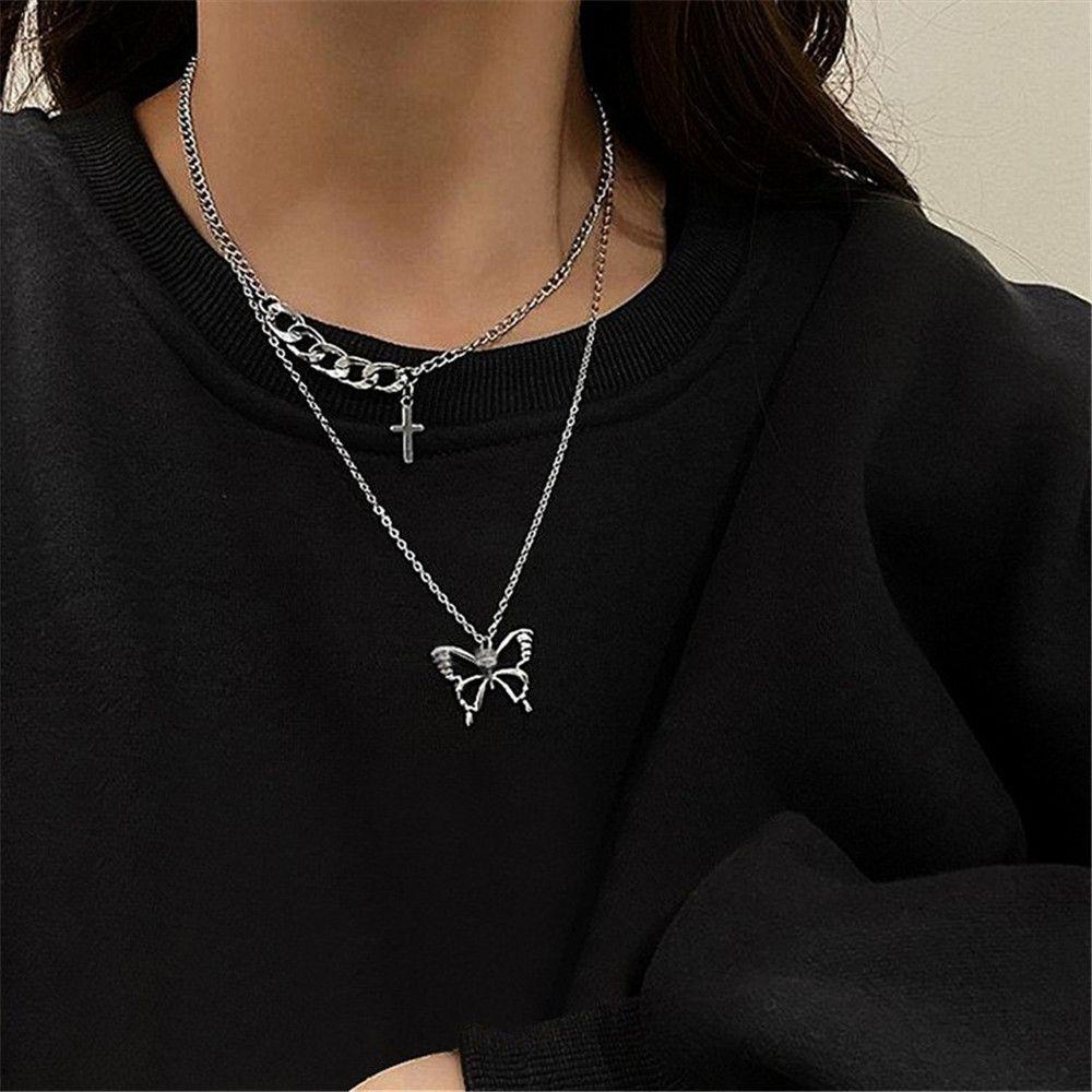 Lily 2Pcs Kalung Fashion Salib Hip-hop Sweater Rantai Lapisan Ganda