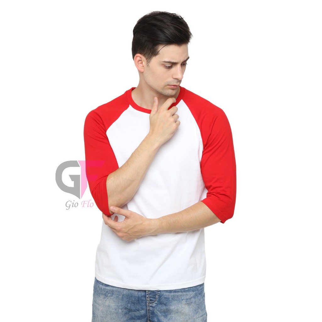 GIOFLO Baju Atasan Cowok Terbaru Kaos Tshirt Raglan Pria Putih Merah / POL 23
