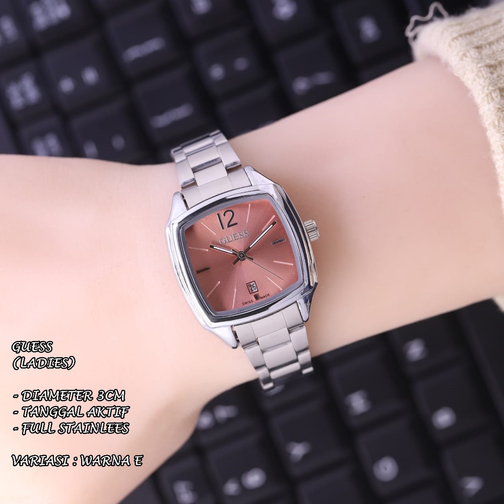 JAM TANGAN WANITA GUESS RANTAI BODY SEGI TANGGAL AKTIF KNOP GERIGI