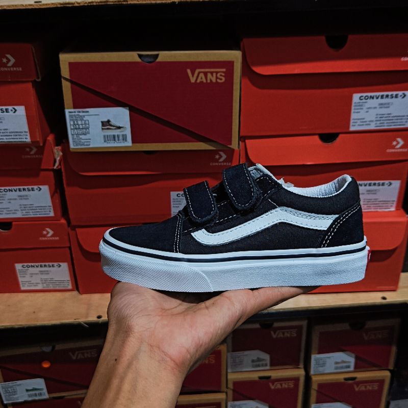 VANS OLD SKOOL VELCRO KIDS BLACK WHITE ORIGINAL RESMI NAVYA
