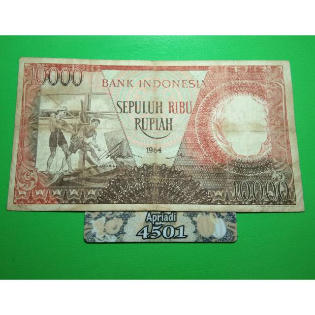 UK095 UANG KUNO ASLI 10000 RUPIAH SERI PEKERJA MERAH TAHUN 1964 UANG KERTAS LAMA MAHAR NIKAH #VF-09