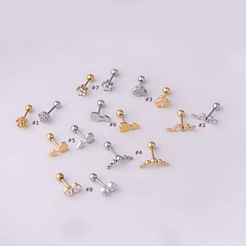 1pc Anting Tindik Tulang Rawan Telinga Bentuk Bunga Mawar Bahan Stainless Steel Panjang 6mm