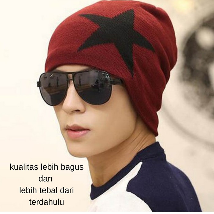 YAH04 Topi Kupluk Rajut Beanie Pria wanita keren polos impor -Kupluk BINTANG - Hitam