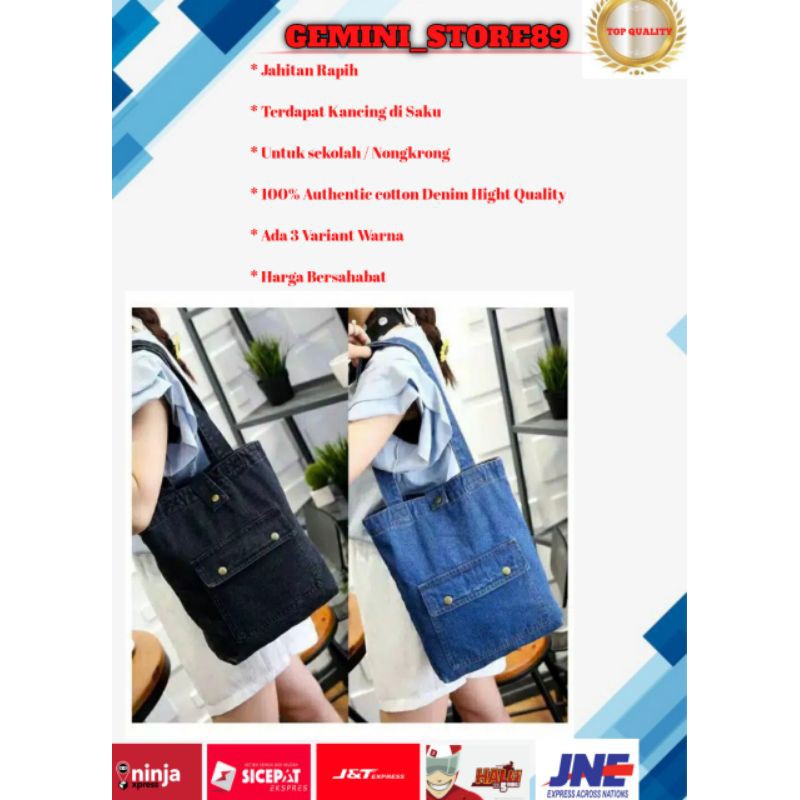 Tas selempang wanita jinjing bahu bahan jenas/tas kuliah sekolah saku kancing tote bage Korea  (4.5)