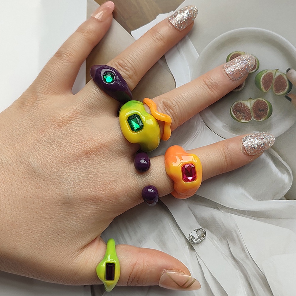 Needway  Geometric Acrylic Rings Cute Crystal Resin Ring Set Punk Candy Color Korean 4pcs/set For Women Fashion Jewelry