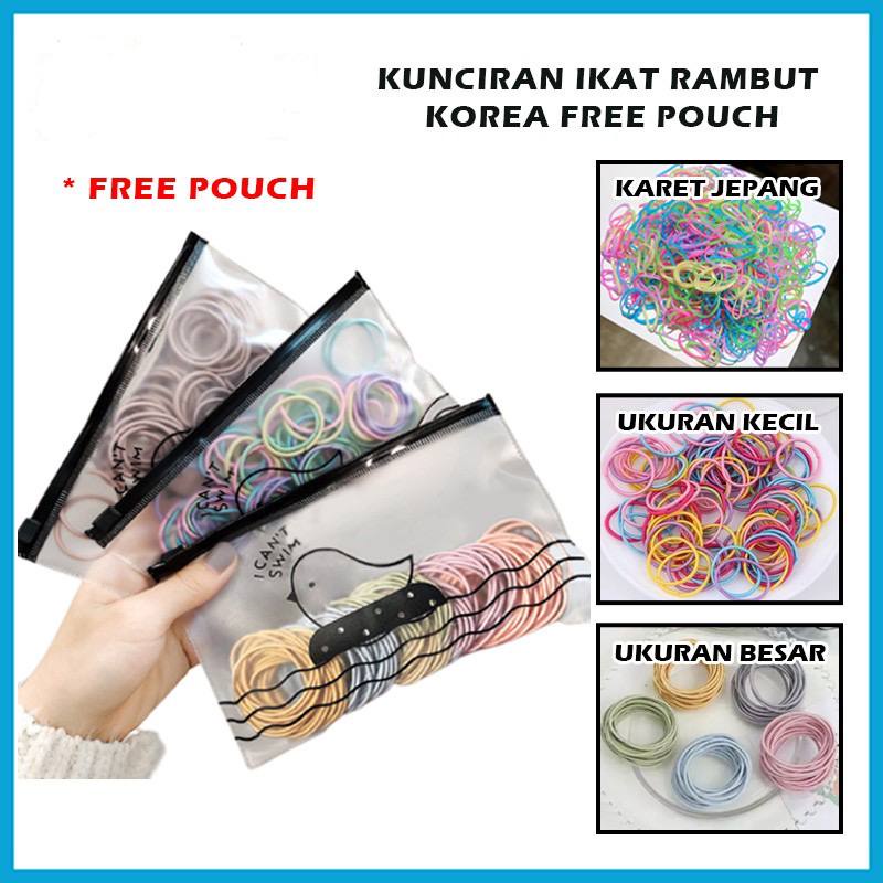 IKAT RAMBUT KOREA 100PCS FREE POUCH Karet Warna Polos Gelang Tali Kunciran Aksesoris Anak Kuncir