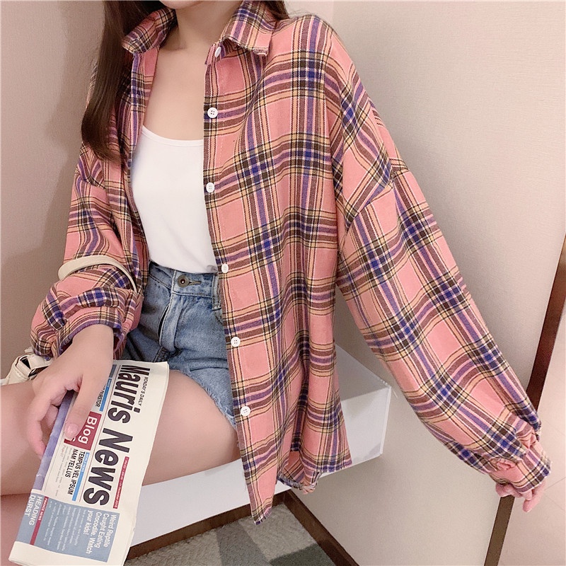 [5 Warna]Korea Style Fashion Kemeja Kuning Panjang Kasual Atasan Baju Jumbo Wanita Plaid Blouse Shirt