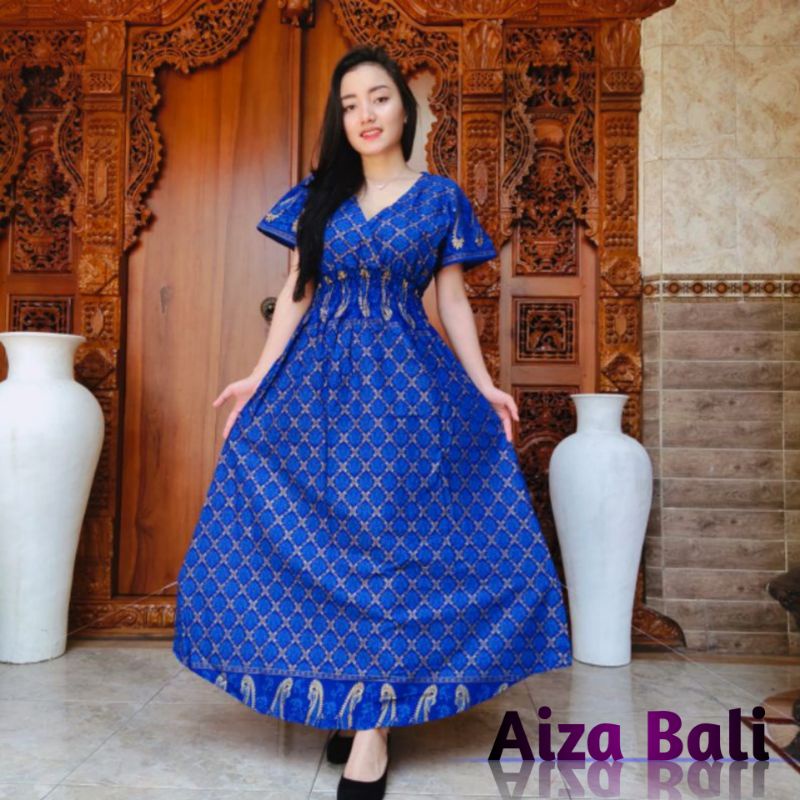 Dress Daster Mozza Panjang Motif Batik Kotak Garis Modern Lengan Pendek Katun Super Premium Bali Ter