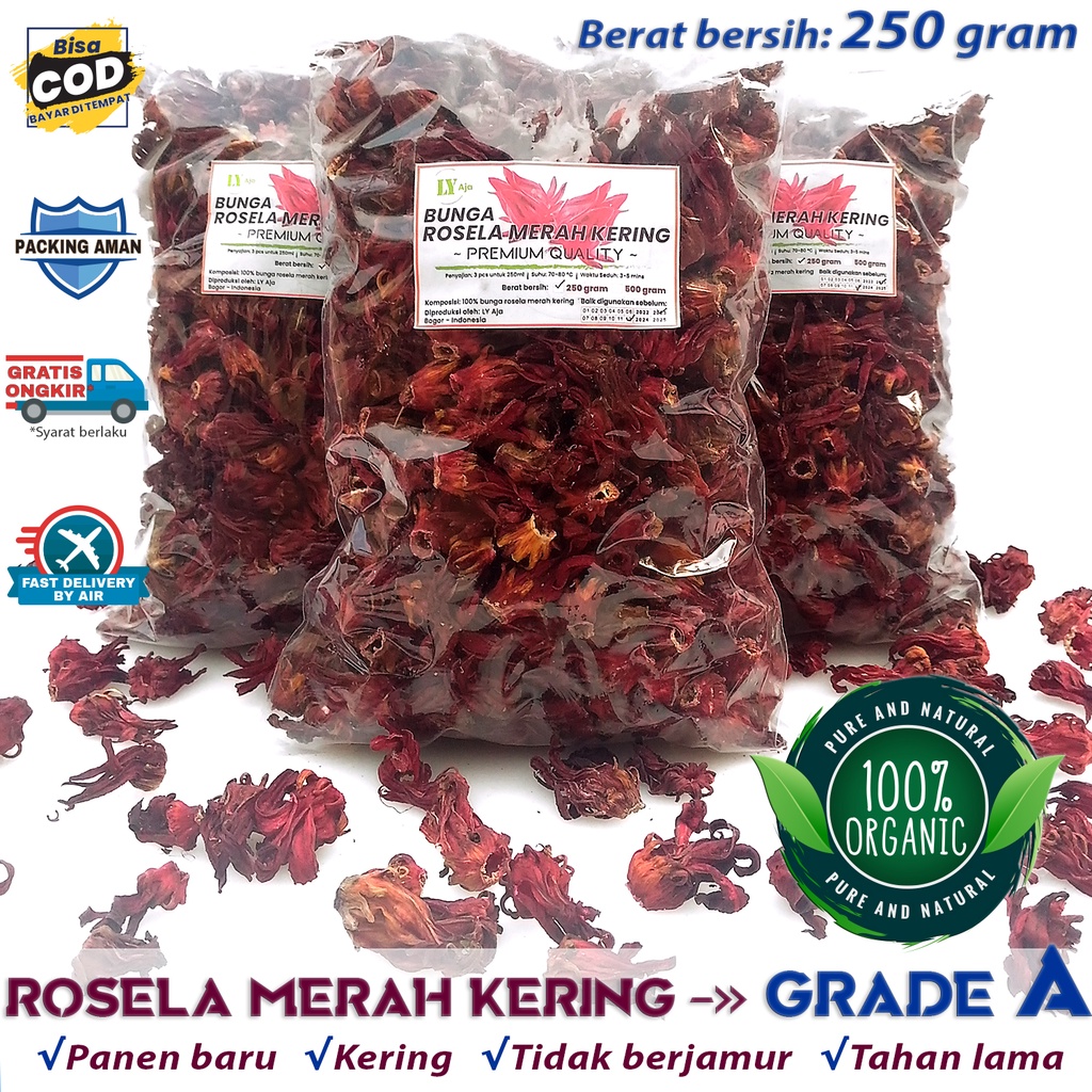 Teh Bunga Rosela Merah dan Ungu Kering 250 Gram Rosella Roselle Grade A Premium LY Aja 250 Gr Herbal Pelangsing Diet