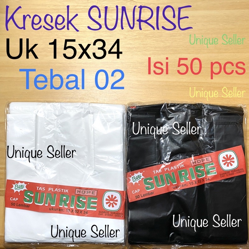 Kresek Sunrise 15x34 Tebal 02 isi 50 pcs / Kresek Uk 15 Putih Hitam Tebal / Kresek Sunrise 15x34x02 / Kantong Plastik Sunrise 15x34 x 02 / Kresek HD Sunrise 15 x 34 / Kresek Putih Hitam uk 15x34 / Kantong Plastik 15 Tebal 02 / Kantong Kresek Sunrise Uk 15