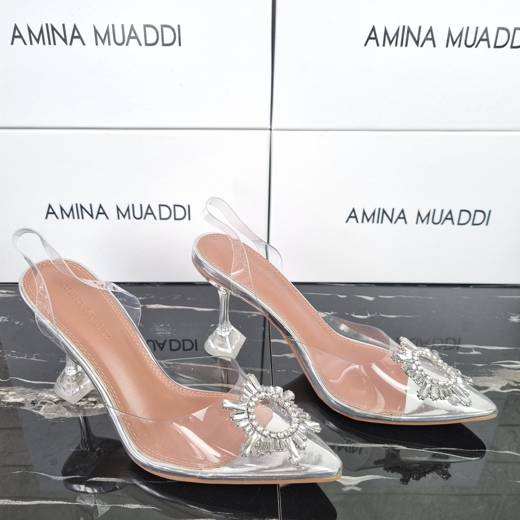 SEPATU AMINA MUADDI BEGUM CRYSTAL GLASS SLING HEELS TRANSPARENT PVS - SAM001