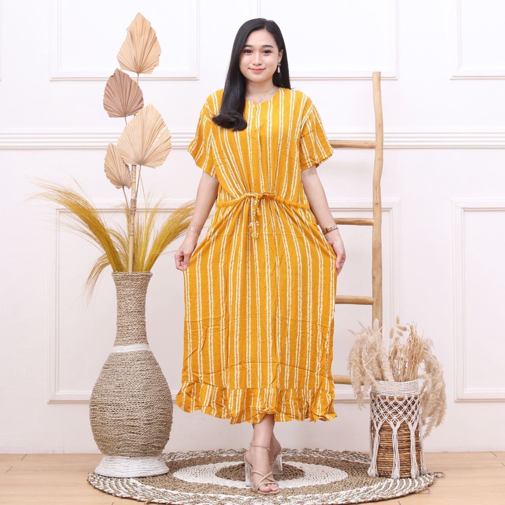 Daster Kekinian Salur Serut Rayon Premium Dress Wanita Lengan Pendek Baju Casual LD 110 cm