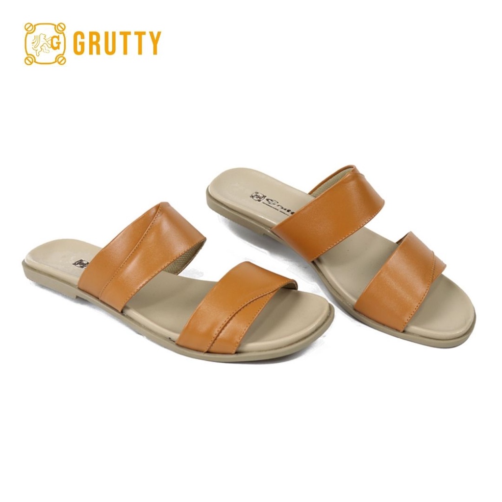 Sandal Wanita Kulit Slide Sandal Flat Grutty DD122 Hitam Tan