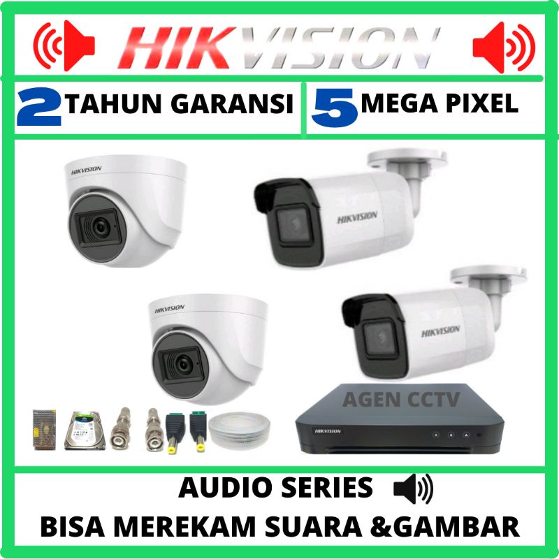 PAKET CCTV HIKVISION 4 CHANNEL 4 KAMERA 5MP AUDIO SERIES BISA MEREKAM SUARA DAN GAMBAR